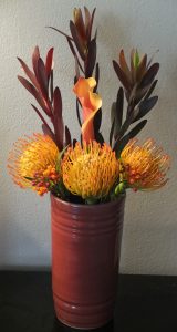 Pincushion protea, leucadendron safari sunset, asclepias, and a single flame miniature calla lily make a large statement in a rust handthrown ceramic vessel.